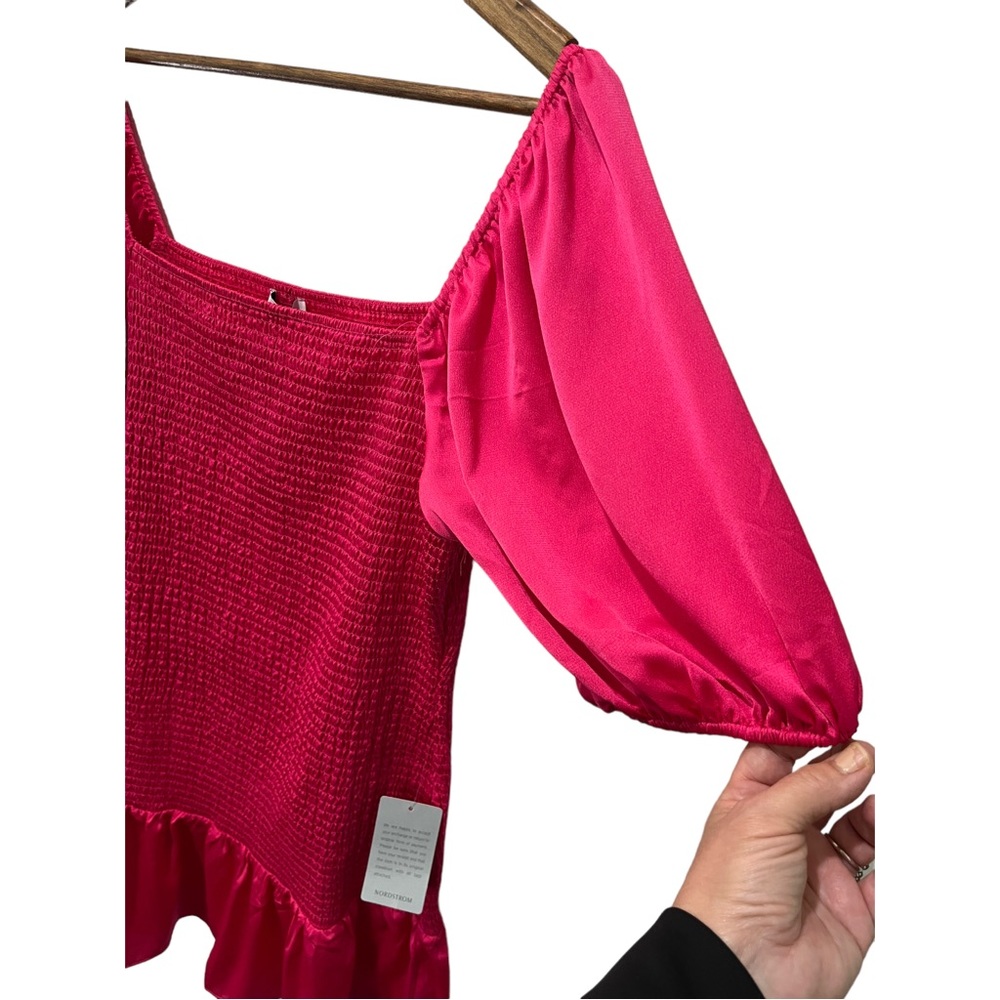 NSR HOT PINK SMOCKED STRETCHY DRESS WITH BALOON SHORT SLEEVES - Picture 6 of 13